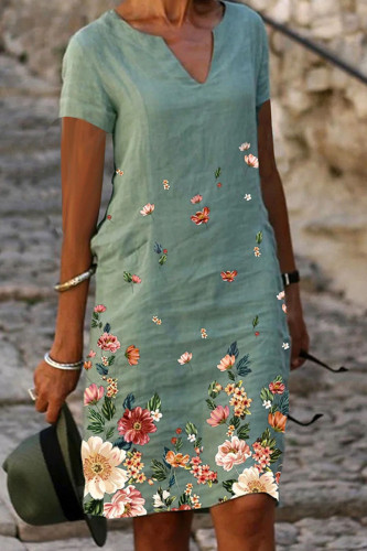 Green Casual Print Patchwork V Neck Straight Dresses