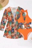 Conjunto de tres piezas de traje de baño de patchwork con estampado sexy naranja (con relleno)