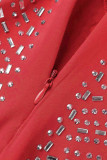 Röd Sexig Solid Genomskinlig Hot Drill Spaghetti Strap Sling Dress Klänningar