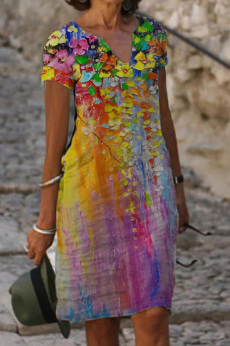 Colour Casual Print Patchwork V Neck Straight Dresses