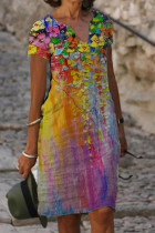 Vestidos retos com estampa casual colorida de patchwork decote em v