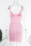 ピンクのセクシーな無地シースルー ホット ドリル スパゲッティ ストラップ スリング ドレス ドレス