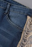 Jeans azul escuro casual patchwork liso com borla plus size