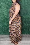 Leopardenmuster Casual Print Backless Half A Rollkragen Regular Jumpsuits