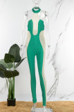 Green Sexy Casual Solid Patchwork See-through Backless Contrast Halter Skinny Jumpsuits