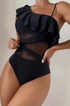 Zwart sexy effen patchwork doorzichtige badkleding zonder rug (met vulling)