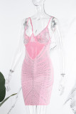 ピンクのセクシーな無地シースルー ホット ドリル スパゲッティ ストラップ スリング ドレス ドレス