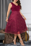 Rose Red Elegant Solid Patchwork V-hals A-lijn Grote maten jurken