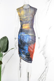 Färg Sexigt Street Print Patchwork Drag String Genomskinlig Asymmetrisk O-hals Oregelbundna klänningar