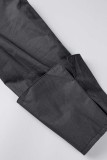 Vestidos de talla grande de manga larga con cuello en V y escote en V con abertura sólida sexy negra