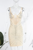 Абрикосовое сексуальное однотонное прозрачное платье на лямках с горячим дрелью Платья на лямках