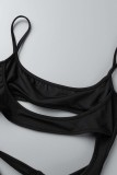 Zwarte sexy effen uitgeholde rugloze spaghettibandjes mouwloze jurkjurken