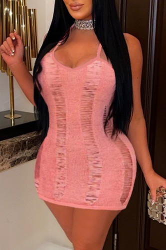 Pink Sexy Solid Bandage Hollowed Out Backless Spaghetti Strap Sleeveless Dress Dresses