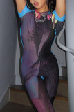 Blue Sexy Print Hollowed Out Patchwork See-through Backless O Neck Skinny Jumpsuits