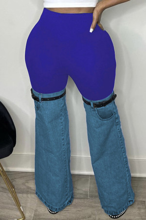 Pantalon Patchwork Classique Contrasté à Taille Haute Décontracté Bleu