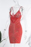 Svart Sexig Solid Genomskinlig Hot Drill Spaghetti Strap Sling Dress Klänningar