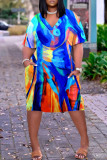 Farbe Casual Print Basic V-Ausschnitt Kurzarm Kleid Kleider