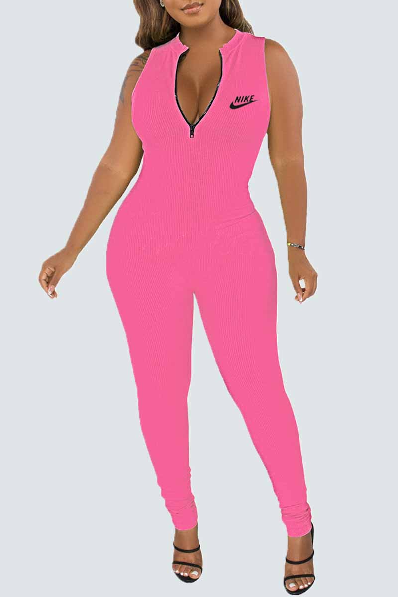 

Pink Street Print Letter Zipper Collar Jumpsuits