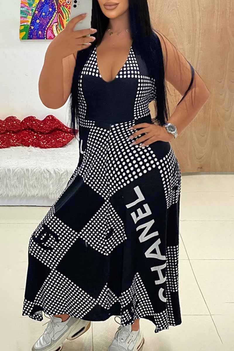 

Black Casual Print Patchwork Letter V Neck A Line Dresses