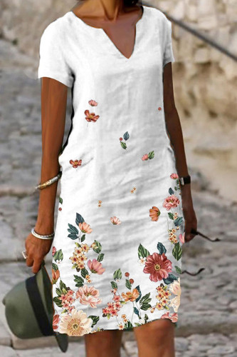 White Casual Print Patchwork V Neck Straight Dresses