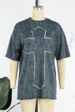 Donkergrijze casual streetprint patchwork T-shirts met ronde hals