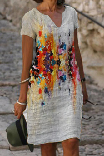 Cream White Casual Print Patchwork V Neck Straight Dresses