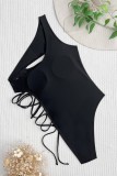 Costumi da bagno senza schienale scavati con fasciatura solida sexy nera (con imbottiture)