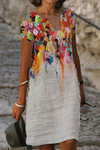White Orange Casual Print Patchwork V Neck Straight Dresses