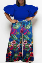 Blue Casual Print Patchwork O Neck Plus Size Two Pieces