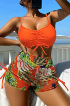 Оранжевые купальники с открытой спиной и уздечкой с сексуальным принтом (с прокладками)