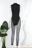 Zwarte sexy stevige patchwork doorzichtige skinny jumpsuits met V-hals