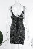 Черное сексуальное однотонное прозрачное платье на лямках с горячим дрелью Платья на лямках