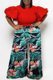 Rose Red Casual Print Patchwork O Neck Plus Size Two Pieces