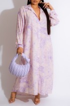 Robes violet clair décontracté imprimé patchwork col chemise manches longues