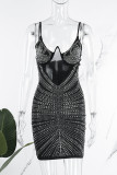 Zwarte Sexy Solid See-through Hot Drill Spaghetti Strap Sling Dress Jurken