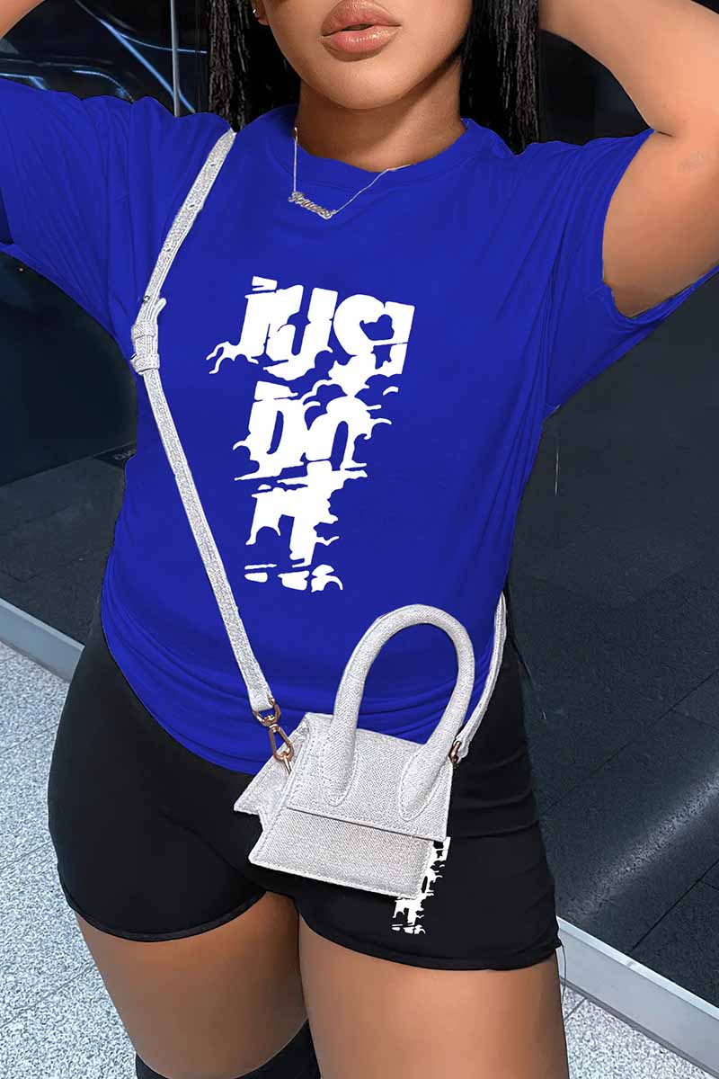 Blue Casual Print Letter O Neck Short Sleeve Two Pieces