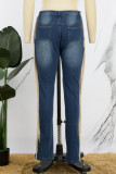 Dunkelblaue, lässige, solide Patchwork-Jeans in Übergröße