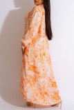 オレンジ カジュアル プリント パッチワーク シャツ カラー ロング スリーブ ドレス