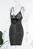 Черное сексуальное однотонное прозрачное платье на лямках с горячим дрелью Платья на лямках