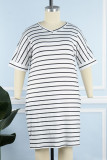 Brown Casual Striped Print Basic V Neck Short Sleeve Dress Plus Size Dresses