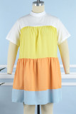 Gele casual kleur Lump patchwork patchwork halve coltrui jurk met korte mouwen