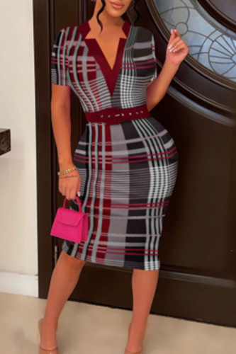 Burgundy Casual Print Patchwork V Neck Pencil Skirt Dresses