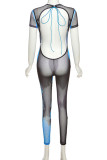 Blå sexigt tryck urholkat lapptäcke Genomskinlig rygglös O-hals Skinny Jumpsuits