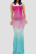 ローズレッドのセクシーなグラデーションプリントパッチワークスパゲッティストラップスリングドレスドレス