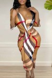 Multicolor Sexy Striped Patchwork V Neck Irregular Dress Dresses