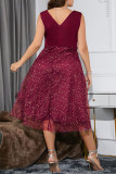 Розово-красные элегантные однотонные платья в стиле пэчворк с V-образным вырезом A Line Plus Size