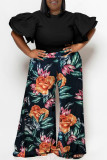 Groene Casual Print Patchwork O-hals Plus Size Two Pieces
