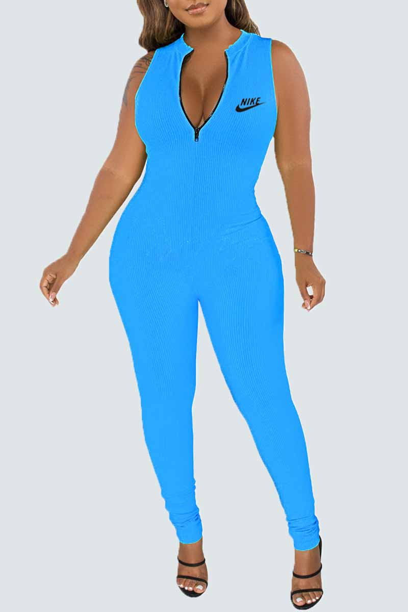 

Blue Street Print Letter Zipper Collar Jumpsuits