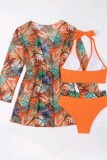 Conjunto de tres piezas de traje de baño de patchwork con estampado sexy naranja (con relleno)