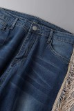 Jeans azul escuro casual patchwork liso com borla plus size